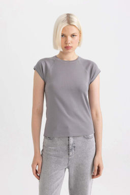 Slim Fit Dar Kesim Bisiklet Yaka Ribana Basic Duz K?sa Kollu Tisort - Defacto фото 5