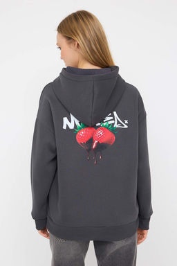 Teen Kal?n Ici Polarl? Antrasit Kapusonlu On ve S?rt Cilek Bask?l? Orme Sweatshirt TWOAW26SW00114 - Trendyolmilla фото 4