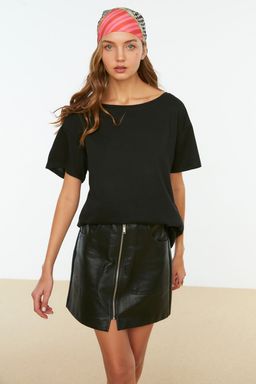 Siyah %100 Pamuk Oversize/Genis Kal?p Kay?k Yaka Orme T-Shirt TWOSS20TS0140