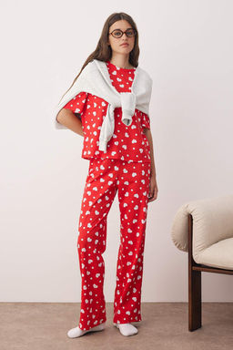 K?rm?z? %100 Pamuklu Kalpli Orme Pijama Tak?m? THMSS24PT00372