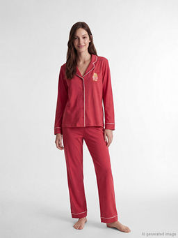 G?mlek Yaka Ay? Teddy Bask?l? Kad?n Pijama Tak?m