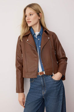 Siyah Fitted Kal?p Suni Deri Biker Ince Ceket Mont TWOAW26MO00083 - Trendyolmilla фото 12