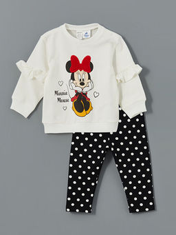 Bisiklet Yaka K?sa Kollu Minnie Mouse Bask?l? K?z Bebek Sweatshirt ve Tayt 2li Tak?m