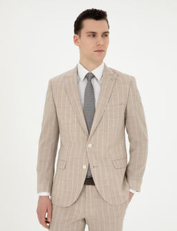Bej Ekstra Slim Fit _izgili Y_n Tak_m Elbise