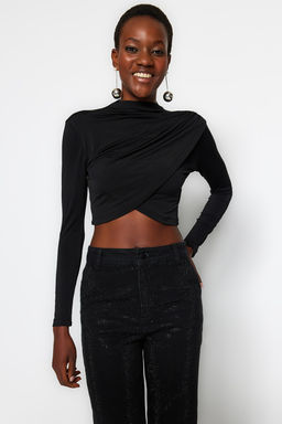 Siyah Dik Yaka Drapeli Crop Bluz TWOAW24BZ00164
