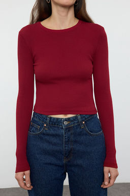Ekru-Bordo li Paket Vucuda Oturan Bisiklet Yaka Fitilli Crop Esnek Orme Bluz TWOAW22BZ0331