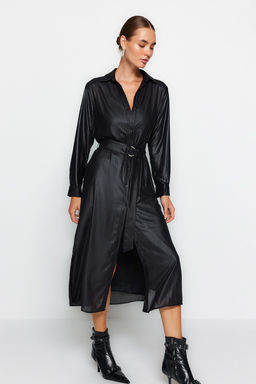 Trendyolmilla Siyah Kemerli Maxi Dokuma K?sl?k Gomlek Elbise TWOAW24EL00325  фото 4