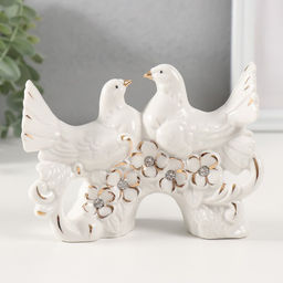Фигурка керамика «Белые голуби на цветочном дереве», с золотом, стразы