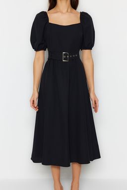 TRENDYOLMILLA Siyah Kemerli Belden Ac?lan Kare Yaka Midi Dokuma Elbise TWOSS23EL01123  фото 3