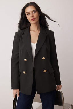Siyah Aksesuar Dugmeli Dokuma Kruvaze Kapama Blazer Ceket TWOAW26BC00065 - Trendyolmilla фото 2