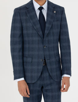 %100 Y_n Ekose Lacivert Ekstra Slim Fit Tak_m Elbise
