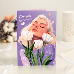 Открытка 4 шоколадки Самой прекрасной (девушка на фиолетовом фоне)