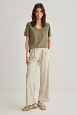 Haki %100 Pamuk Basic V Yaka Orme T-Shirt TWOSS23TS00001