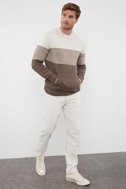 Ekru Regular Yunlu Kapusonlu Renk Bloklu Triko Kazak TMNAW22KZ0822