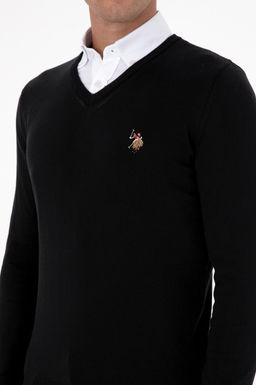Erkek Slim Fit V Yaka Siyah Basic Kazak