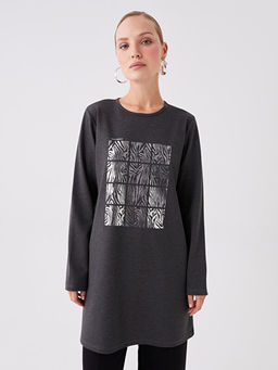 Bisiklet Yaka Bask?l? Uzun Kollu Kad?n Tunik