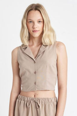 Fitted Pijama Yaka Keten Kar?s?ml? Kolsuz Gomlek