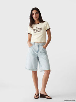Y?ksek Bel Bermuda Fit Kad?n Jean ?ortolon