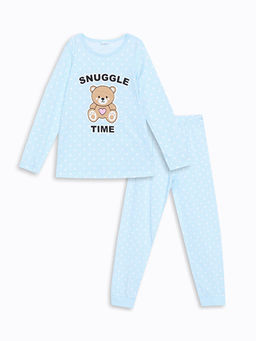 Bisiklet Yaka Bask?l? K?z ?ocuk Pijama Tak?m?