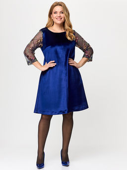 Платье из синего бархата с вышивкой на рукавах - Almond фото 4