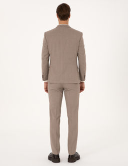 Bej Extra Slim Fit Y_n Kar___ml_ _izgili Tak_m Elbise