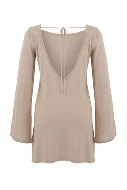 Bej Triko S?rt Detayl? Super Mini Plaj Elbisesi TBESS26EL00008