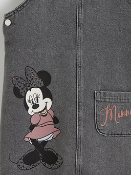 Kare Yaka Minnie Mouse Bask?l? K?z ?ocuk Jean Salopet Elbise