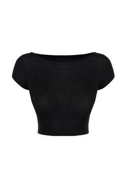 Siyah Bisiklet Yaka Ay Kol Fitted/Vucuda Oturan Crop Orme Bluz TWOSS24BZ00446
