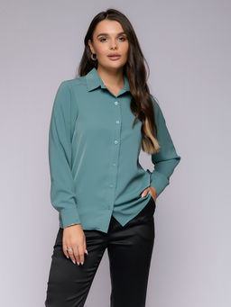 Блуза фисташкового цвета с отложным воротником и длинными рукавами