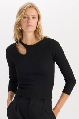 Slim Fit Dar Kal?p Bisiklet Yaka Basic Duz Simli Kumas Uzun Kollu Tisort