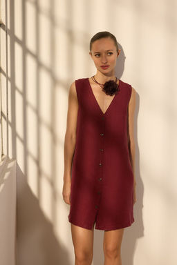 Trendyolmilla Bordo %100 Keten Dugme Detayl? Mini Elbise TWOSS25EL00613