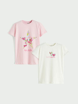 Bisiklet Yaka Bask?l? K?z ?ocuk Ti??rt 2li