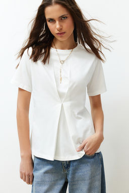 Ekru Onden Pilise Detayl? Regular/Normal Kal?p Bisiklet Yaka Orme Bluz TWOSS24BZ00302