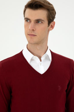 Erkek Slim Fit V Yaka Bordo Basic Kazak - U.s. polo assn фото 2