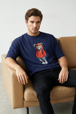 Lacivert Unisex Oversize/Geni_ Kesim Ay_c_k Bask_l_ %100 Pamuklu T-Shirt TMNSS25TS00158 - Trendyolmilla фото 2