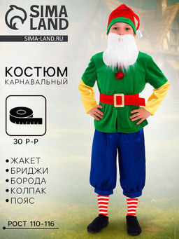 Карнавальный костюм «Гном зелёный», колпак, жакет, бриджи, борода, пояс, р-р 30, рост 110-116 см