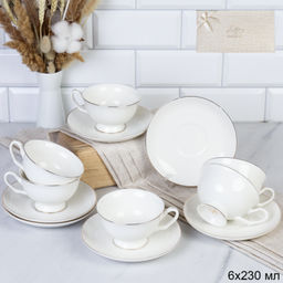 Чайный набор 12 предметов 230 мл / GC57-12G WHITE /уп 8/ костяной фарфор с ложками Веточка золото