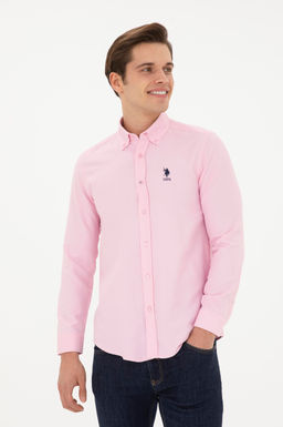 Мужская розовая базовая рубашка с длинным рукавом