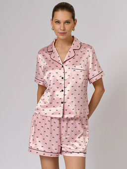 0320D PINK LOVE Пижама принт. жен.(Рубашка укороченная +шорты) (ЧЗ)