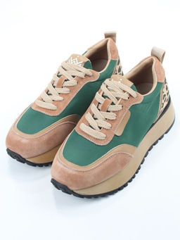 04-PDJ96-2 BEIGE/GREEN Кроссовки демисезонные женские (натуральная замша, натуральная кожа, текстиль)