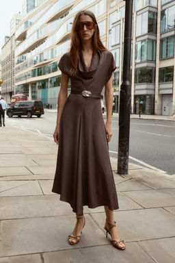 COWL NECK MIDI DRESS WITH BELT