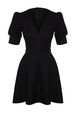 Siyah Kruvaze Yaka Skater/Belden Ac?lan Mini Dokuma Elbise TWOSS20EL1639