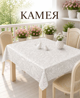 Скатерть арт. 3868/185, КАМЕЯ, тефлоновая пропитка, цвет - мерцающий экрю, ГОТОВАЯ СКАТЕРТЬ: высота 1,5 м ширина 2,5 м
