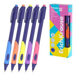 Цена за 10 шт. Ручка шариковая ErichKrause ErgoLine® Kids для левшей Stick&Grip Neon 0.5, Super Glide Technology, цвет чернил синий (в коробке по 10 шт.)