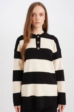 Regular Fit Polo Yaka Dugmeli Cizgili Kazak Tunik