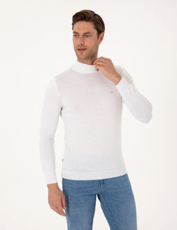 Ekru Slim Fit Yar_m Bal_k__ Yaka Basic Triko Kazak