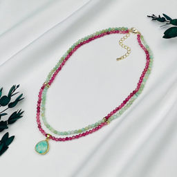 Колье двойное из розового Турмалина и Амазонита 38 см +