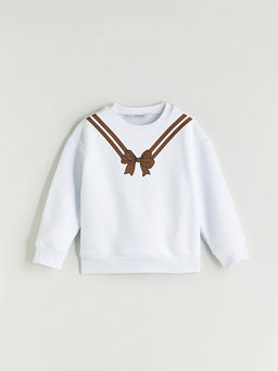 Bisiklet Yaka Fiyonk Bask?l? K?z ?ocuk Sweatshirt