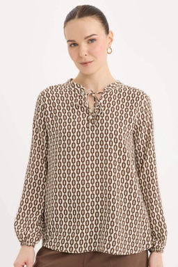 Regular Fit Apas Yaka Desenli Uzun Kollu Bluz - Defacto фото 6