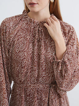 Ba?lamal? Yaka F?rf?rl? Balon Kollu Desenli Elbise